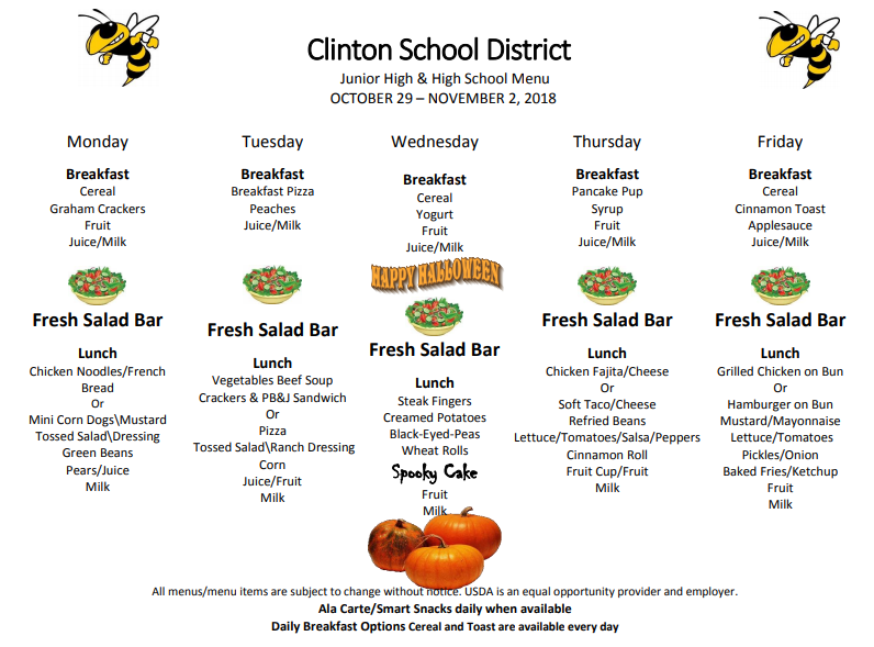 High School and Jr. High Lunch Menu Oct 29-Nov 2