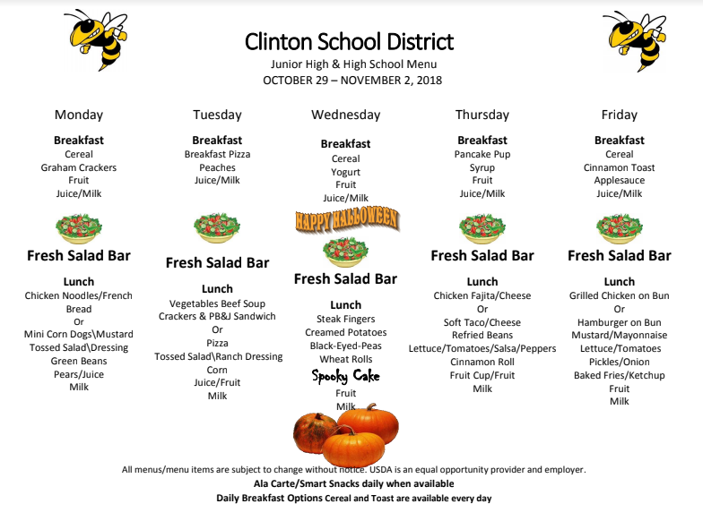 High School Lunch Menu Oct. 29-Nov. 2