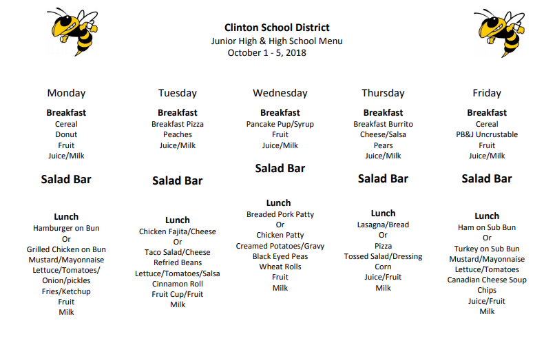 High School Lunch Menu Oct. 1st-5th