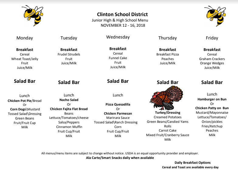 High School Lunch Menu Nov.12-16