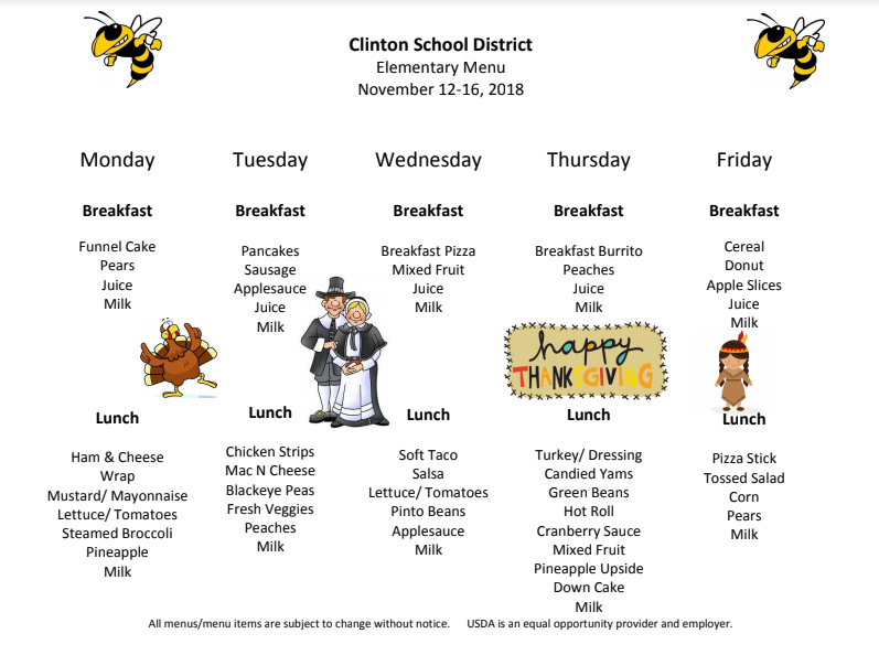 Preschool Lunch Menu Nov. 12-16