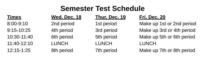 Semester Test Schedule
